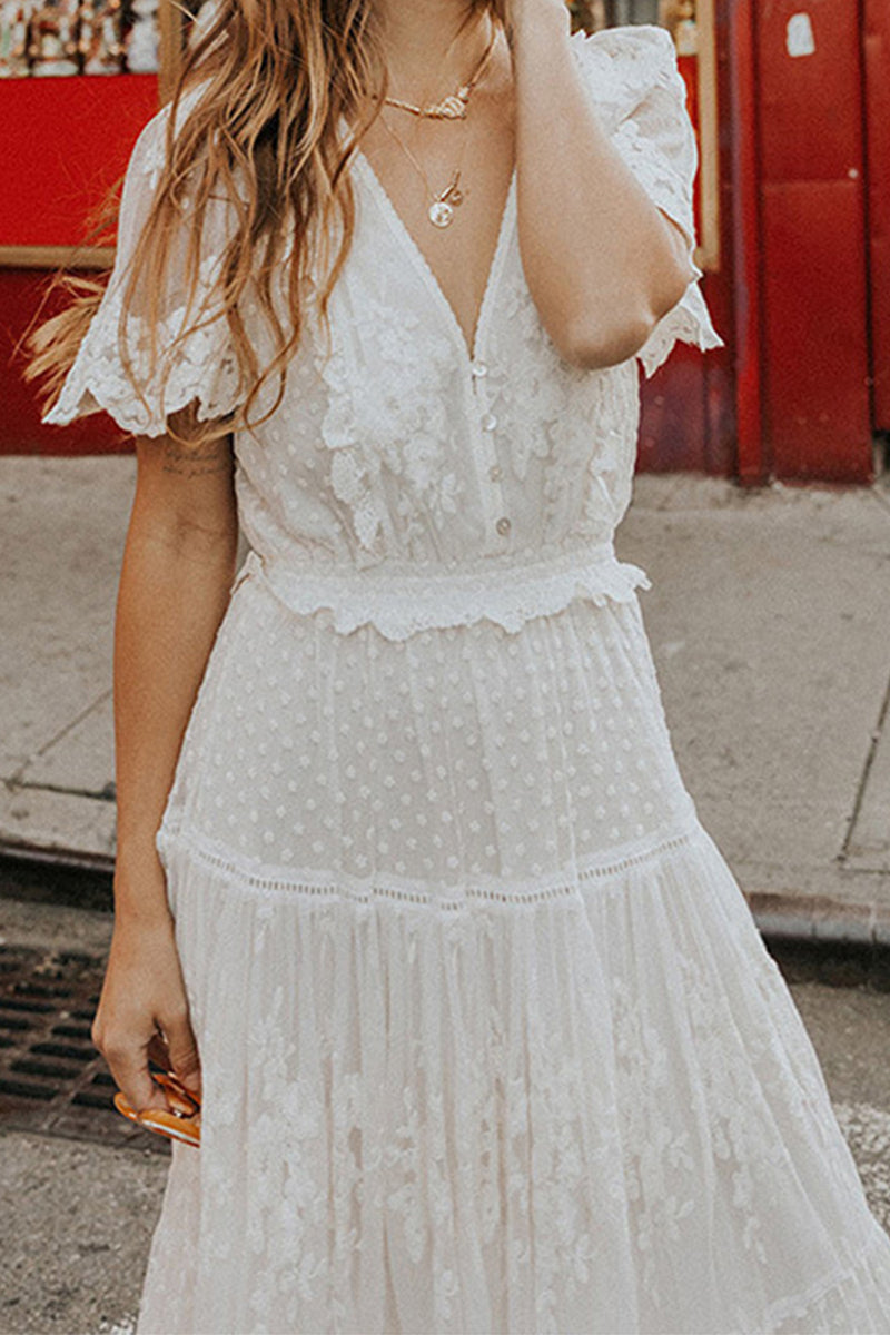 Load image into Gallery viewer, White A Line Long Boho Lace Engagement Party Dress