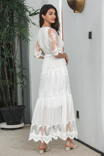 White A Line Long Boho Lace Engagement Party Dress