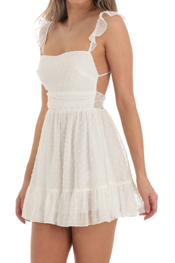 A-Line Square Neck Tie Back Short White Graduation Dress