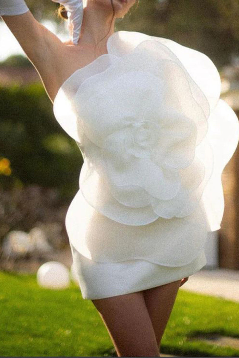 Load image into Gallery viewer, Mermaid One Shoulder White Mini Dress With Big Flower