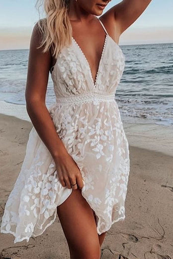 A-Line Spaghetti Straps Cross Back Short White Wedding Dress