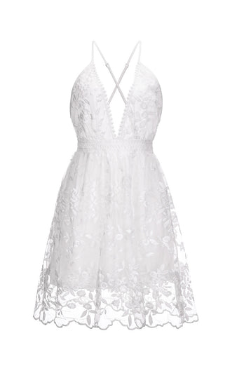 A-Line Spaghetti Straps Cross Back Short White Wedding Dress