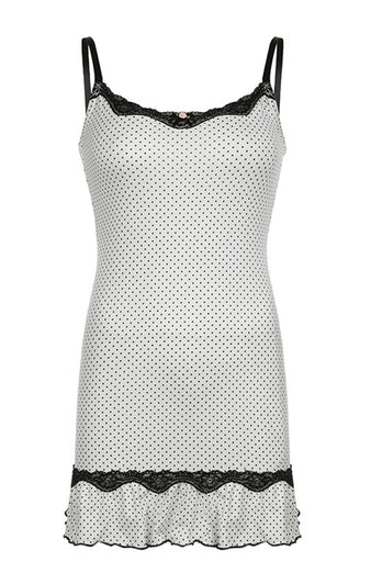 Short Mini Spaghetti Straps Little White Dress With Polka Dots