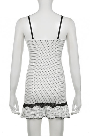 Short Mini Spaghetti Straps Little White Dress With Polka Dots