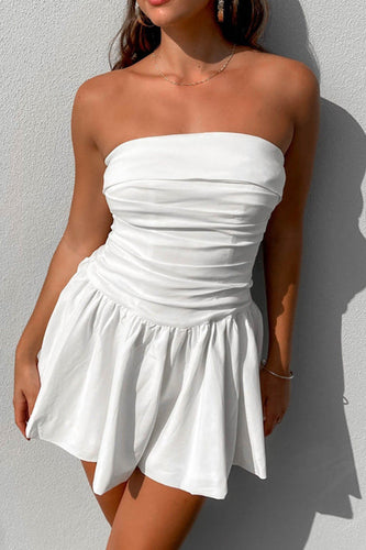 Simple A-Line Strapless Mini Pleaded White Graduation Dress