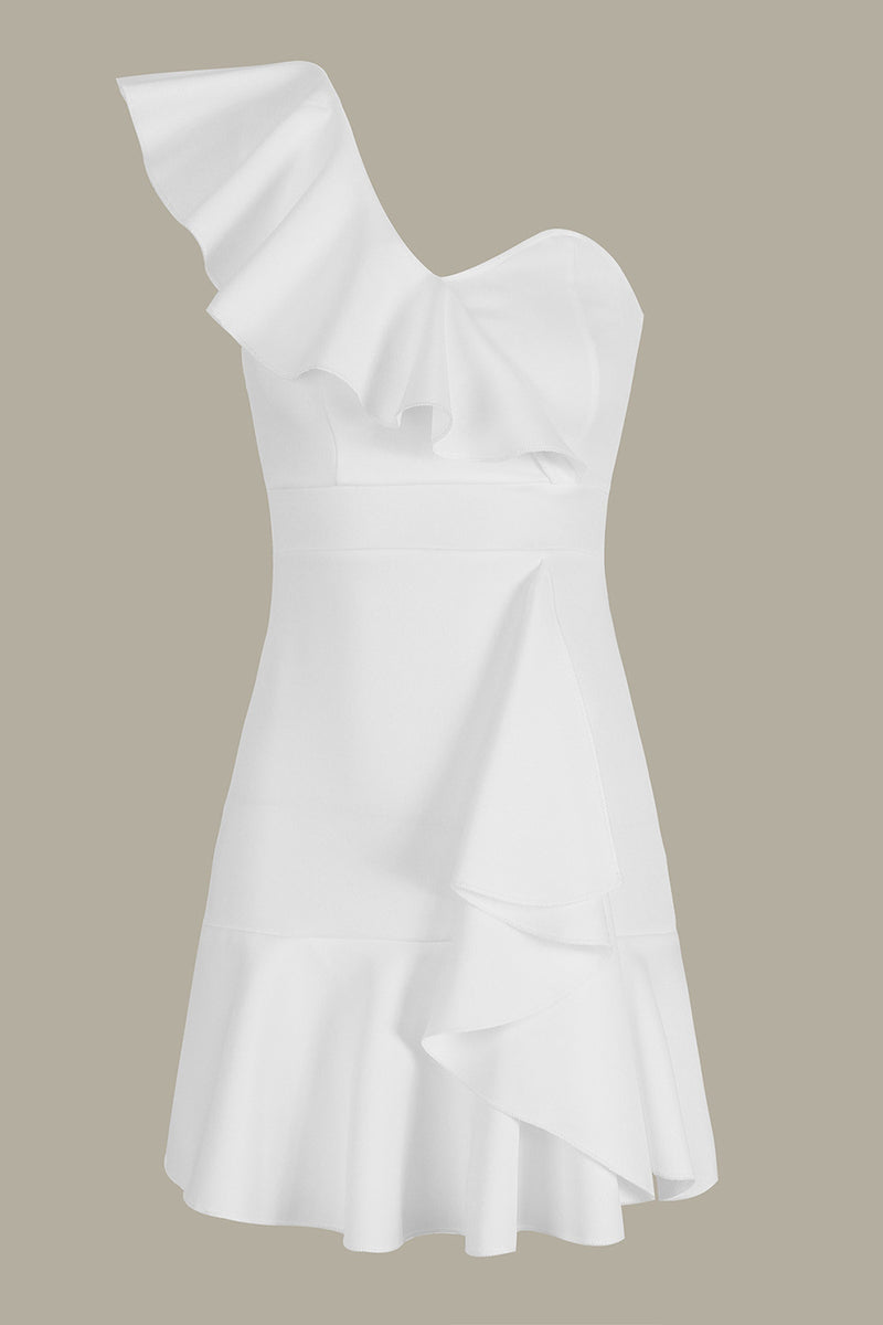 Load image into Gallery viewer, Bodycon One Shoulder Mini White Dress With Ruffle