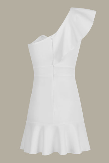 Bodycon One Shoulder Mini White Dress With Ruffle