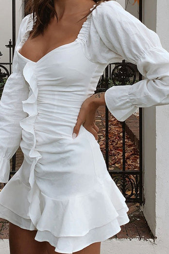 Bodycon Off The Shoulder Long Sleeves Little White Dress With Ruffles