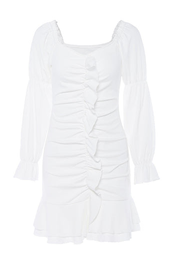 Bodycon Off The Shoulder Long Sleeves Little White Dress With Ruffles