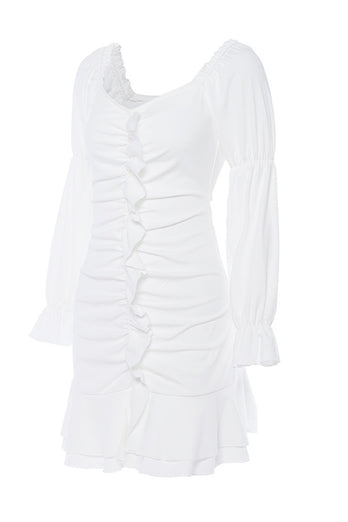 Bodycon Off The Shoulder Long Sleeves Little White Dress With Ruffles