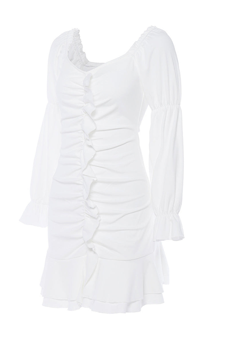 Load image into Gallery viewer, Bodycon Off The Shoulder Long Sleeves Little White Dress With Ruffles