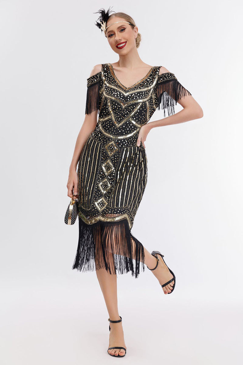 Load image into Gallery viewer, Sparkly Black Golden Cold Shoulder Fringes 1920s Gatsby Dress