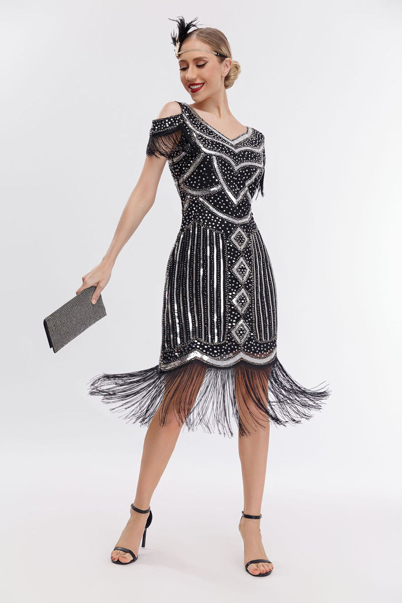 Load image into Gallery viewer, Sparkly Black Golden Cold Shoulder Fringes 1920s Gatsby Dress