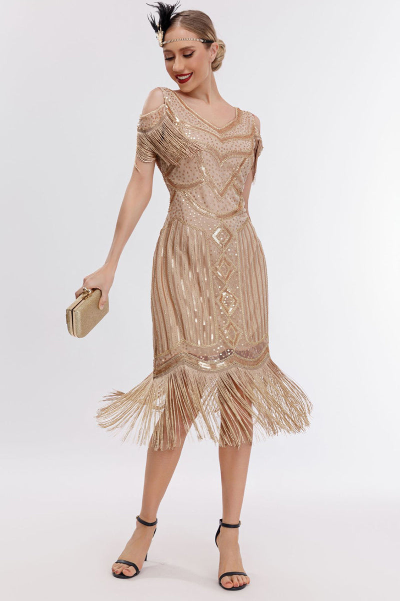 Load image into Gallery viewer, Sparkly Black Golden Cold Shoulder Fringes 1920s Gatsby Dress