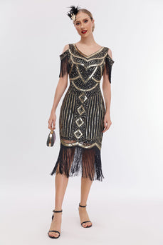 Sparkly Black Golden Cold Shoulder Fringes 1920s Gatsby Dress