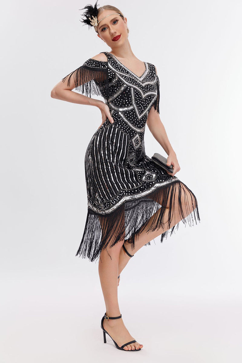 Load image into Gallery viewer, Sparkly Black Golden Cold Shoulder Fringes 1920s Gatsby Dress