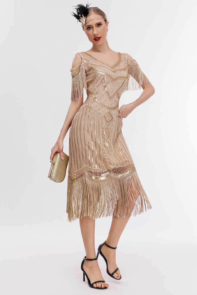 Load image into Gallery viewer, Sparkly Black Golden Cold Shoulder Fringes 1920s Gatsby Dress