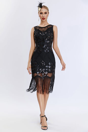 Sparkly Black Fringed 1920s Gatsby Dress