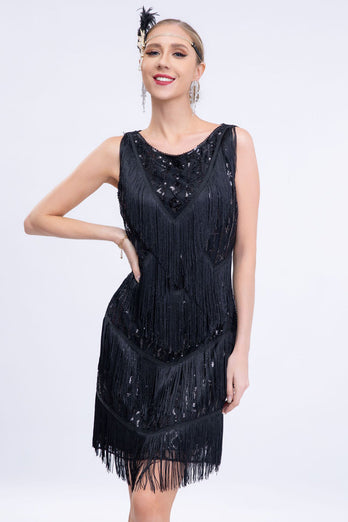 Sparkly Black Fringed 1920s Gatsby Dress with Sequins