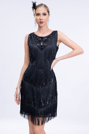 Sparkly Black Fringed 1920s Gatsby Dress with Sequins