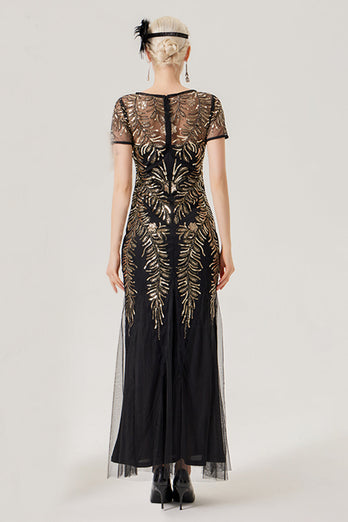 Black Golden Sequins Long 1920s Dress with Short Sleeves