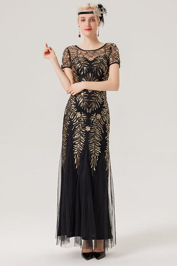 Black Golden Sequins Long 1920s Dress with Short Sleeves