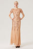 Load image into Gallery viewer, Black Golden Sequins Long 1920s Dress with Short Sleeves