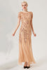 Load image into Gallery viewer, Black Golden Sequins Long 1920s Dress with Short Sleeves