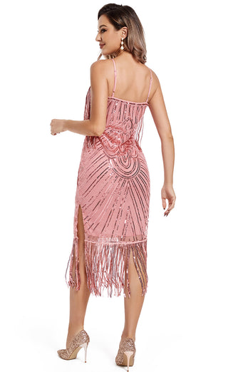 Glitter Blush Fringed Spaghetti Straps 1920s Gatsby Dress