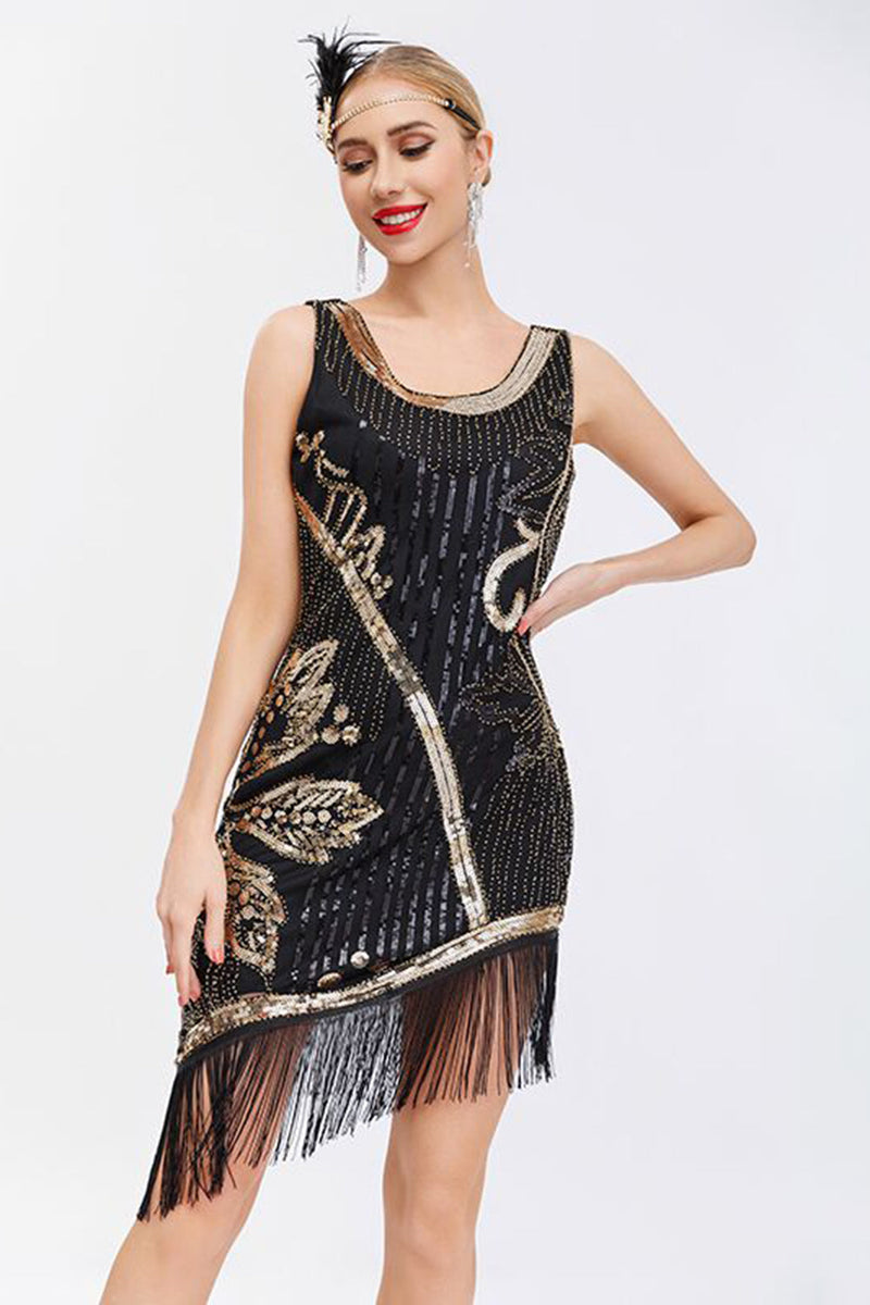 Load image into Gallery viewer, Glitter Beaded Black 1920s Dress with Fringes