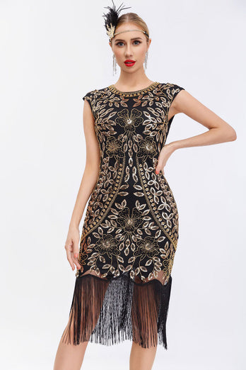 Glitter Black Sequins 1920s Gatsby Dress with Fringes