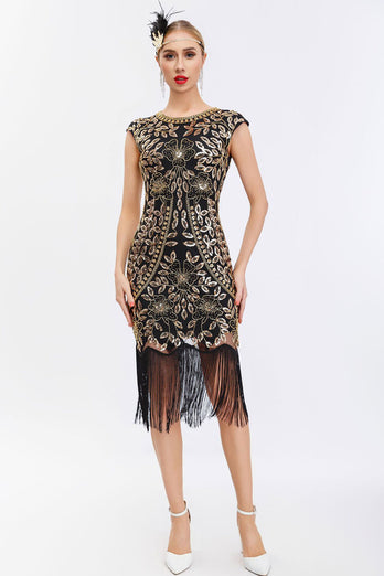 Glitter Black Sequins 1920s Gatsby Dress with Fringes