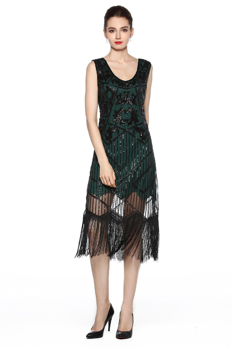 Load image into Gallery viewer, Sparkly Black Golden Fringed 1920s Flapper Dress