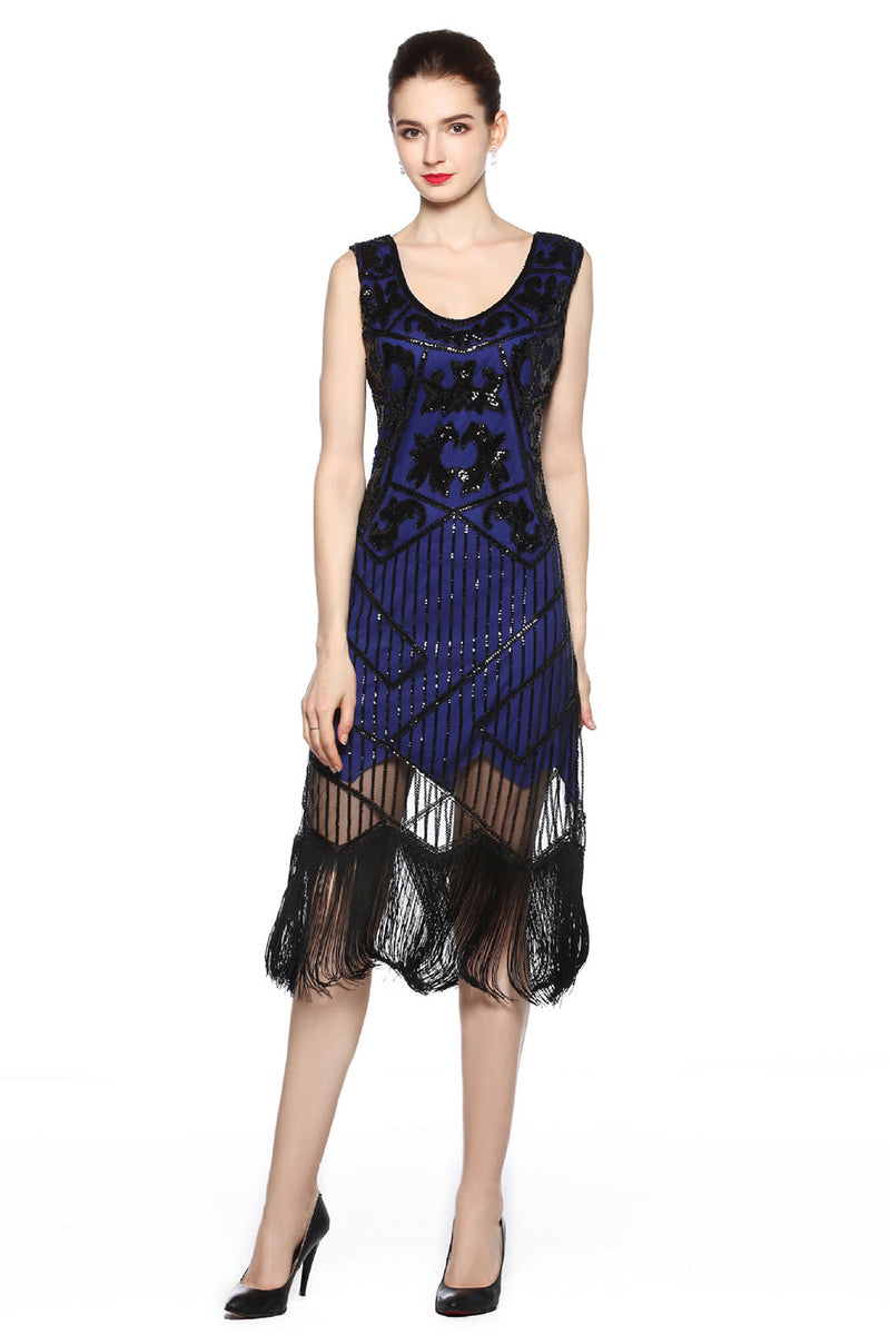 Load image into Gallery viewer, Sparkly Black Golden Fringed 1920s Flapper Dress