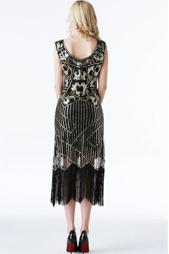 Sparkly Black Golden Fringed 1920s Flapper Dress