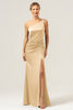 Load image into Gallery viewer, Black Mermaid Ruched Satin Long Bridesmaid Dress with Slit