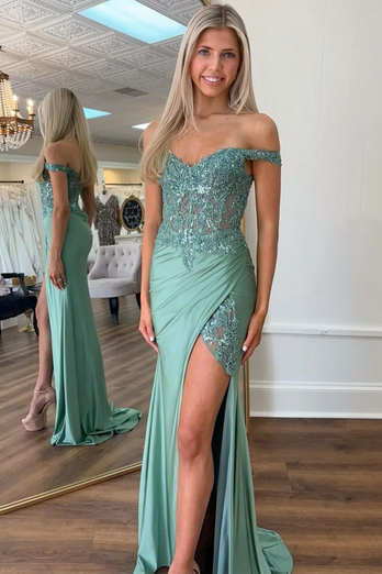 Sparkly Mermaid Green Off The Shoulder Corset Long Prom Dress with Slit