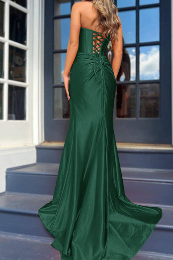 Orange Mermaid Ruched Long Corset Prom Dress with Slit