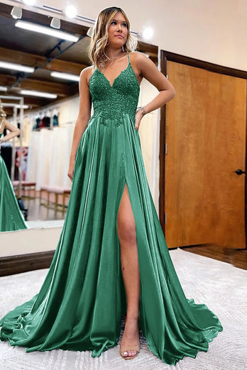 Peacock Green A-Line Spaghetti Straps Long Prom Dress with Slit