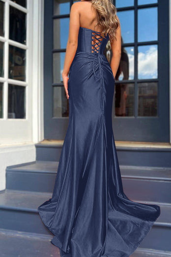 Royal Blue Mermaid Ruched Long Corset Prom Dress with Slit