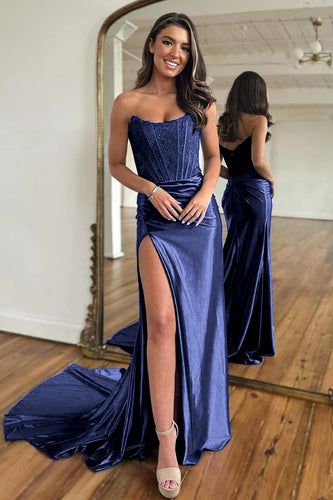 Sparkly Dark Navy Sheath Corset Long Prom Dress with Lace