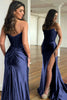 Load image into Gallery viewer, Sparkly Dark Navy Sheath Corset Long Prom Dress with Lace