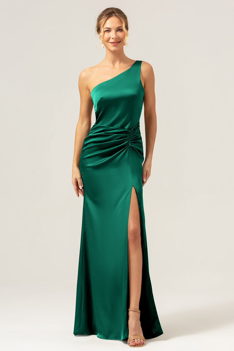 Load image into Gallery viewer, Black Mermaid Ruched Satin Long Bridesmaid Dress with Slit