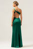 Load image into Gallery viewer, Black Mermaid Ruched Satin Long Bridesmaid Dress with Slit