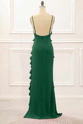 Dark Green Backless Spaghetti Straps Prom Dress With Slit