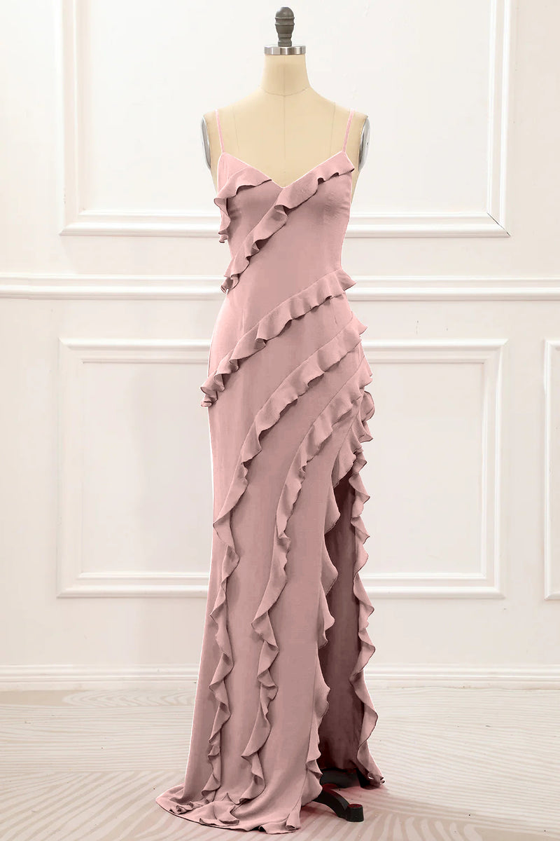 Load image into Gallery viewer, Dusty Sage Backless Spaghetti Straps Prom Dress With Slit