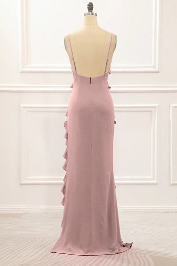 Dusty Sage Backless Spaghetti Straps Prom Dress With Slit