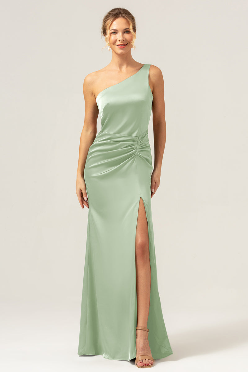 Load image into Gallery viewer, Black Mermaid Ruched Satin Long Bridesmaid Dress with Slit