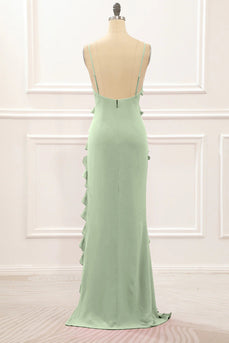 Dusty Sage Backless Spaghetti Straps Prom Dress With Slit