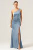 Load image into Gallery viewer, Black Mermaid Ruched Satin Long Bridesmaid Dress with Slit